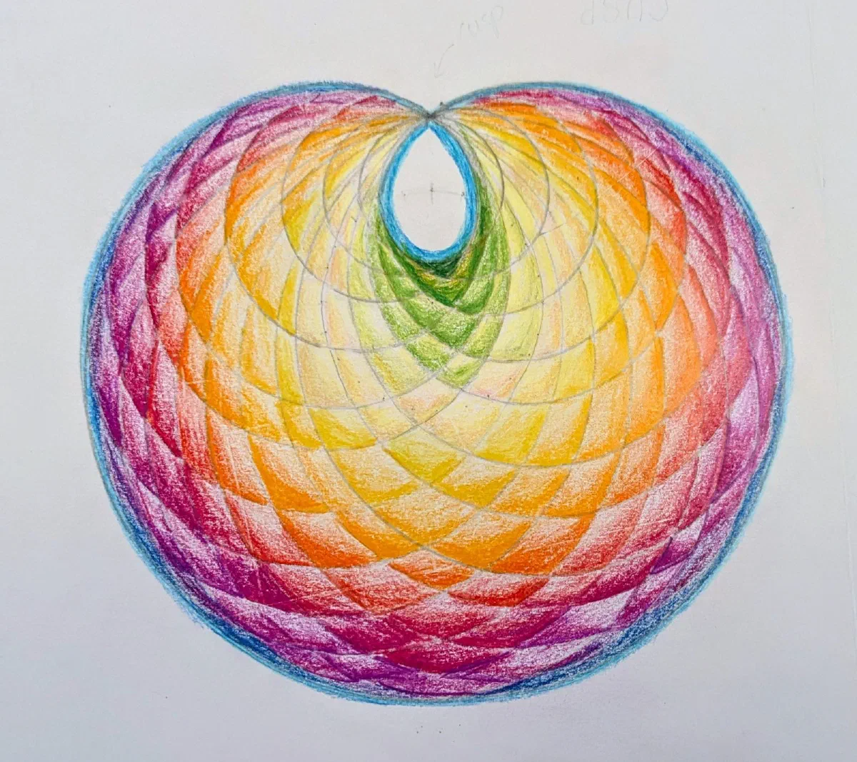 A geometric cusp curve drawing in rainbow gradients.